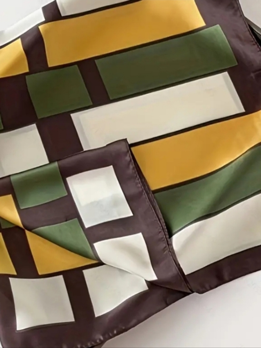 Silk-Feel Geometric Neck Scarf in Mustard, Olive & Cream - Picture 3 of 4